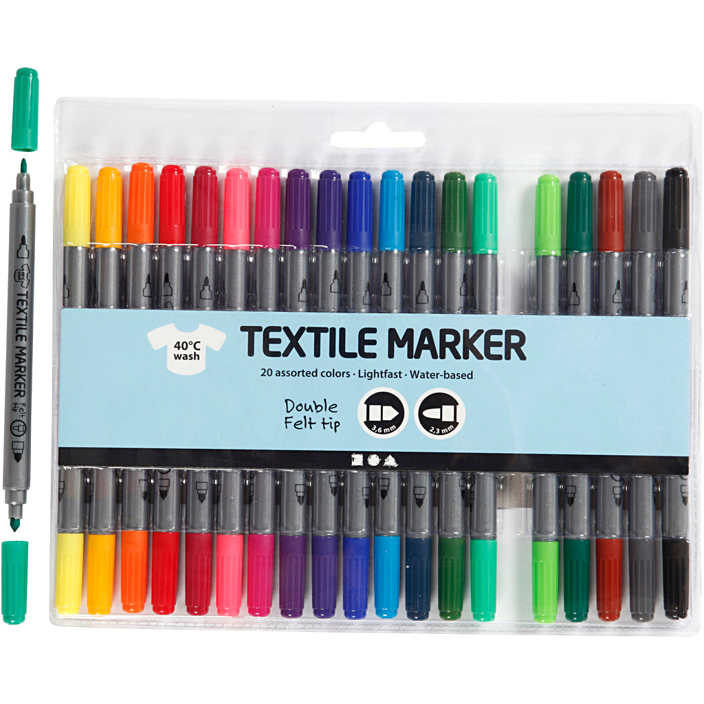 Textile markers, line 2,3+3,6 mm, standard colours, 20 pc