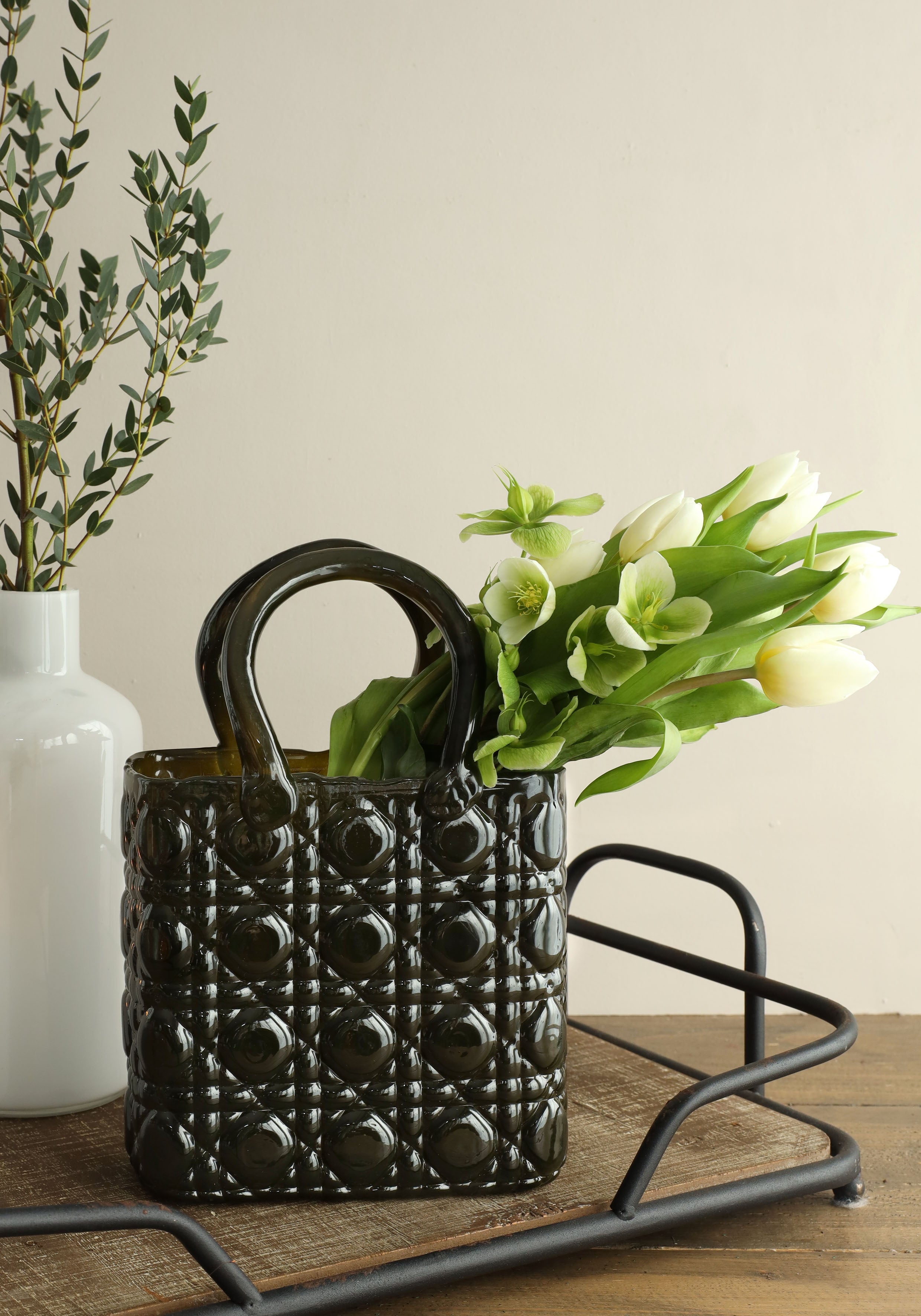 Vaso a forma di borsa Elysee manico in vetro L.19 x P.11 x H.28 cm verde scuro (1 pz) [IFS-37245]