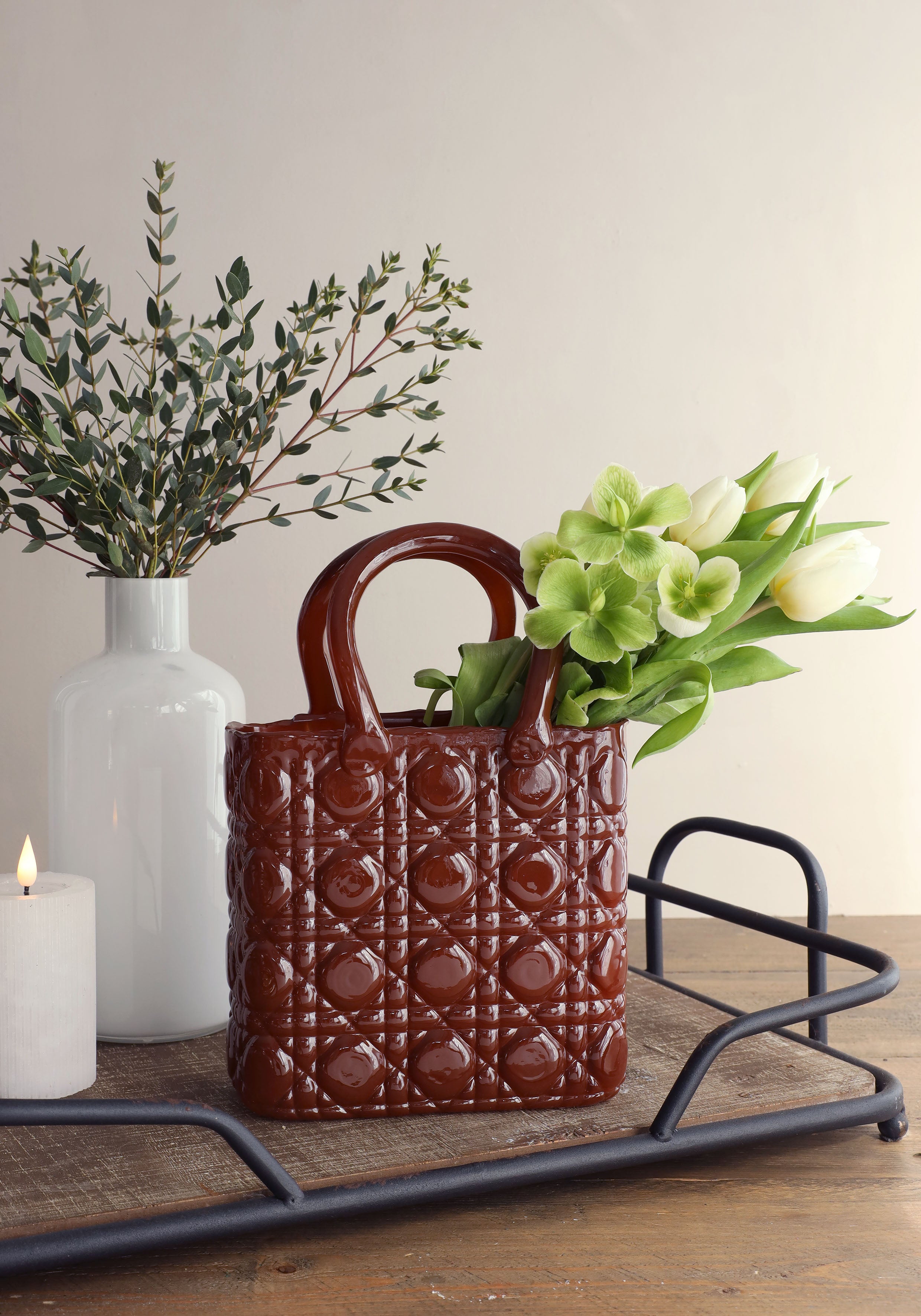 Vaso a forma di borsa Elysee manico in vetro L.19 x P.11 x H.28 cm mogano (1 pz) [IFS-37246]