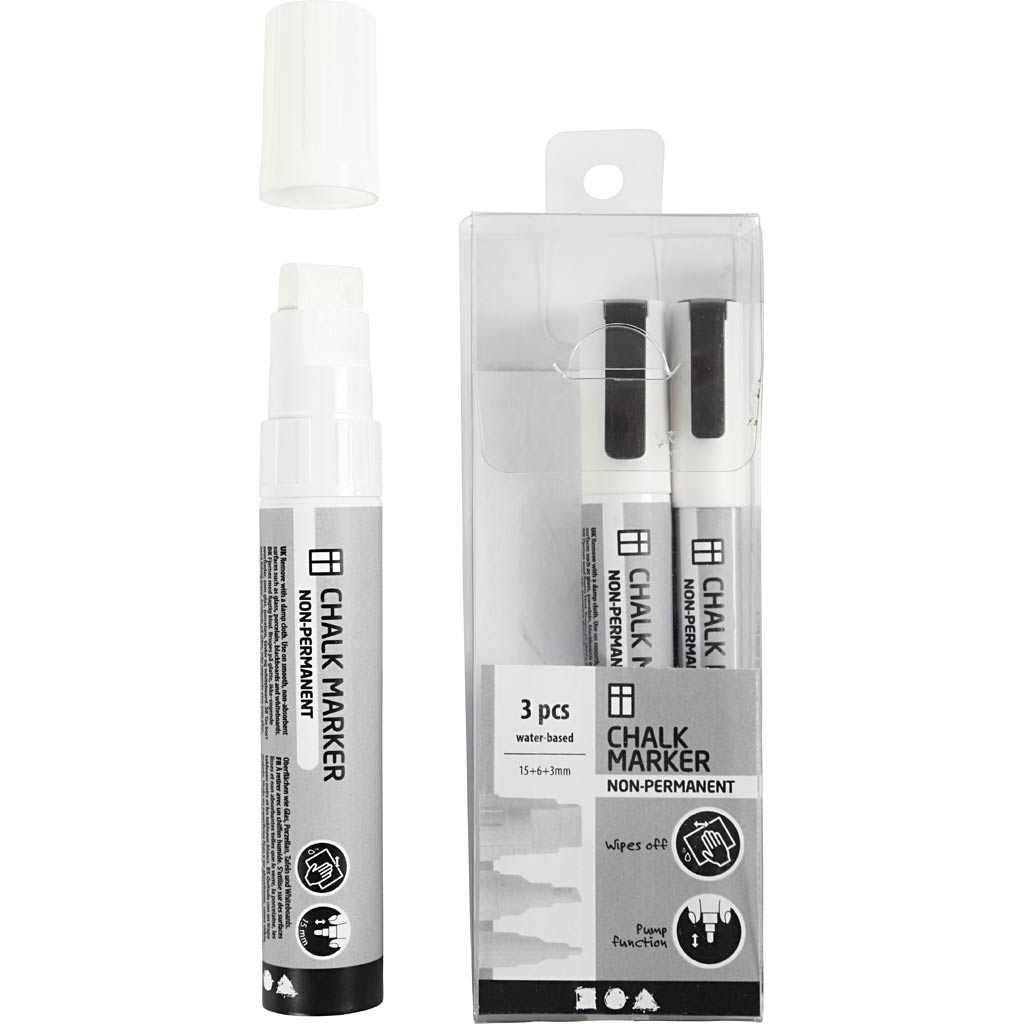 Pennarelli a gesso, ampiezza tratto 3+6+15 mm, bianco, 3 pz/ 1 conf. [HOB-37388]