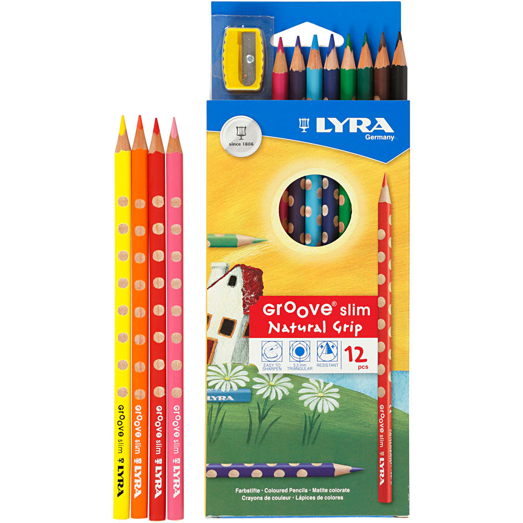 Groove Slim Colouring Pencils, L: 18 cm, lead 3,3 mm, assorted colours, 12 pc