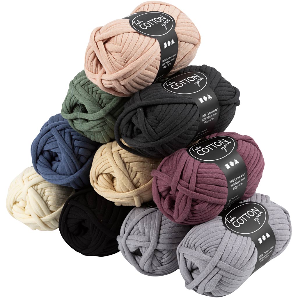 Cotton Tube Yarn, L: 45 M, Colour may vary , assorted colours, 10x100 g
