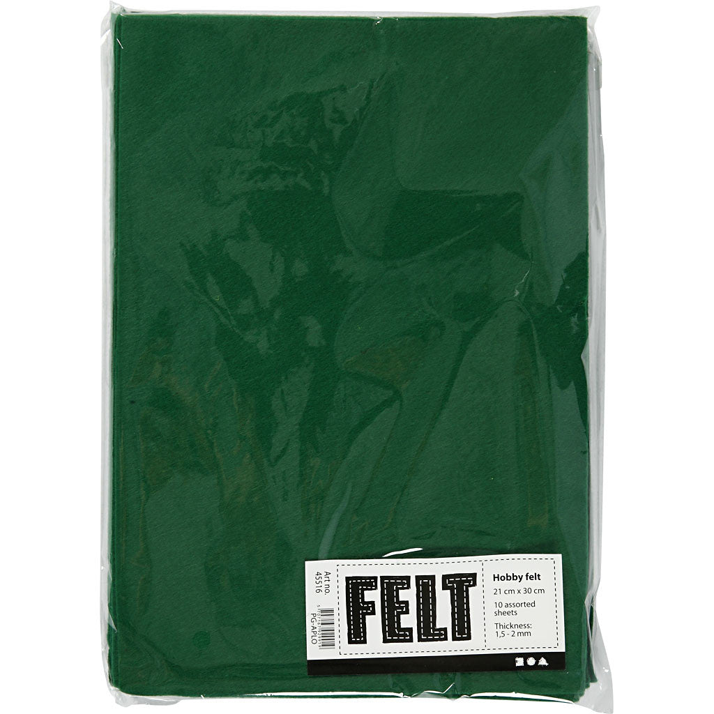 Feltro artigianale, A4, foglio 210x297 mm, spess. 1,5-2 mm, verde, 10 fgl./ 1 conf. [HOB-45516]