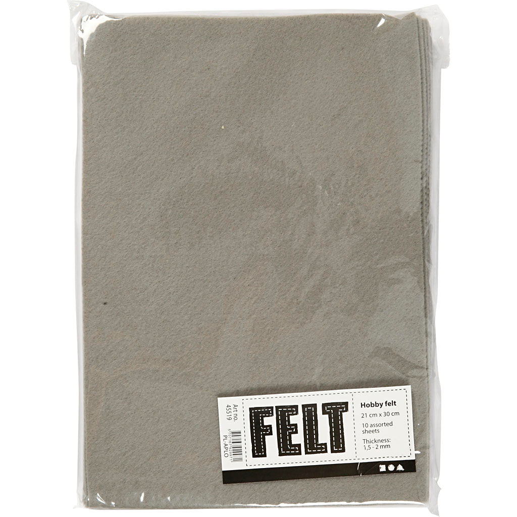 Feltro artigianale, A4, foglio 210x297 mm, spess. 1,5-2 mm, grigio, 10 fgl./ 1 conf. [HOB-45519]