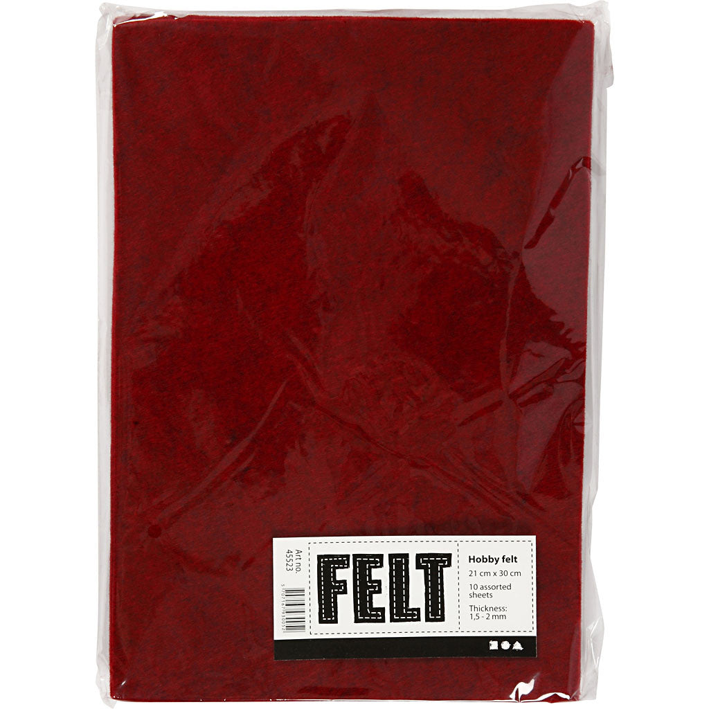 Feltro artigianale, A4, foglio 210x297 mm, spess. 1,5-2 mm, ruvido, rosso, 10 fgl./ 1 conf. [HOB-45523]