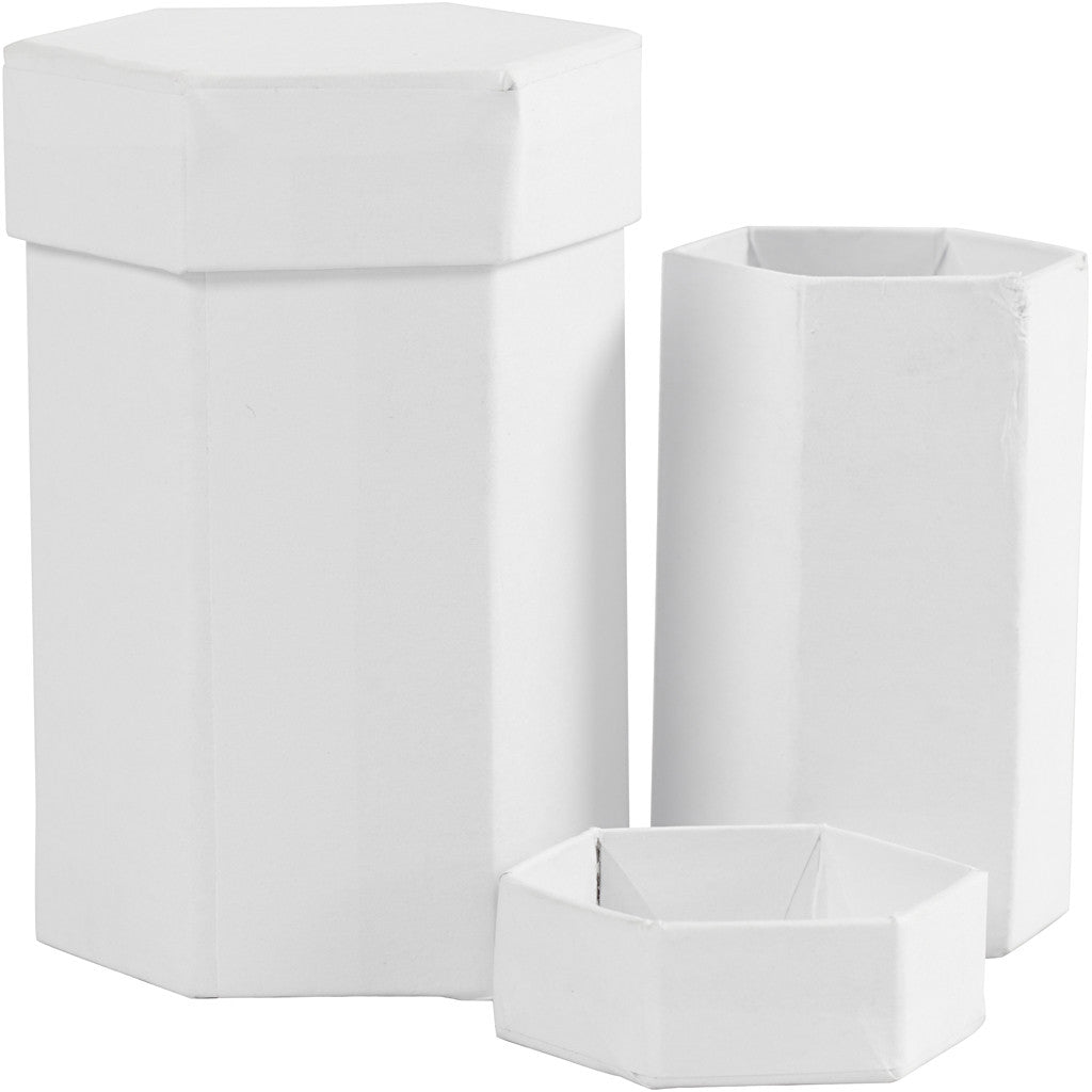 Scatole esagonali, H: 7+9 cm, misura 4,5+6 cm, bianco, 2 pz/ 1 set [HOB-504325]
