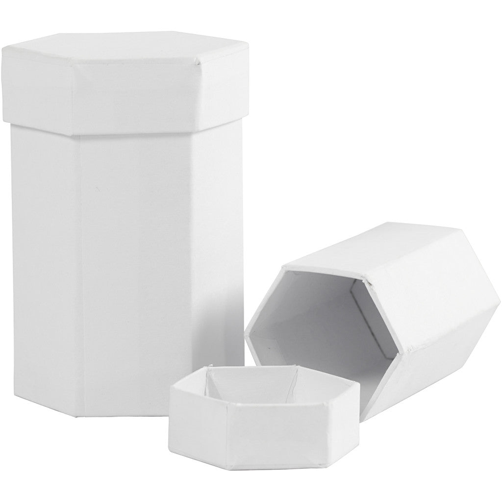 Scatole esagonali, H: 7+9 cm, misura 4,5+6 cm, bianco, 2 pz/ 1 set [HOB-504325]