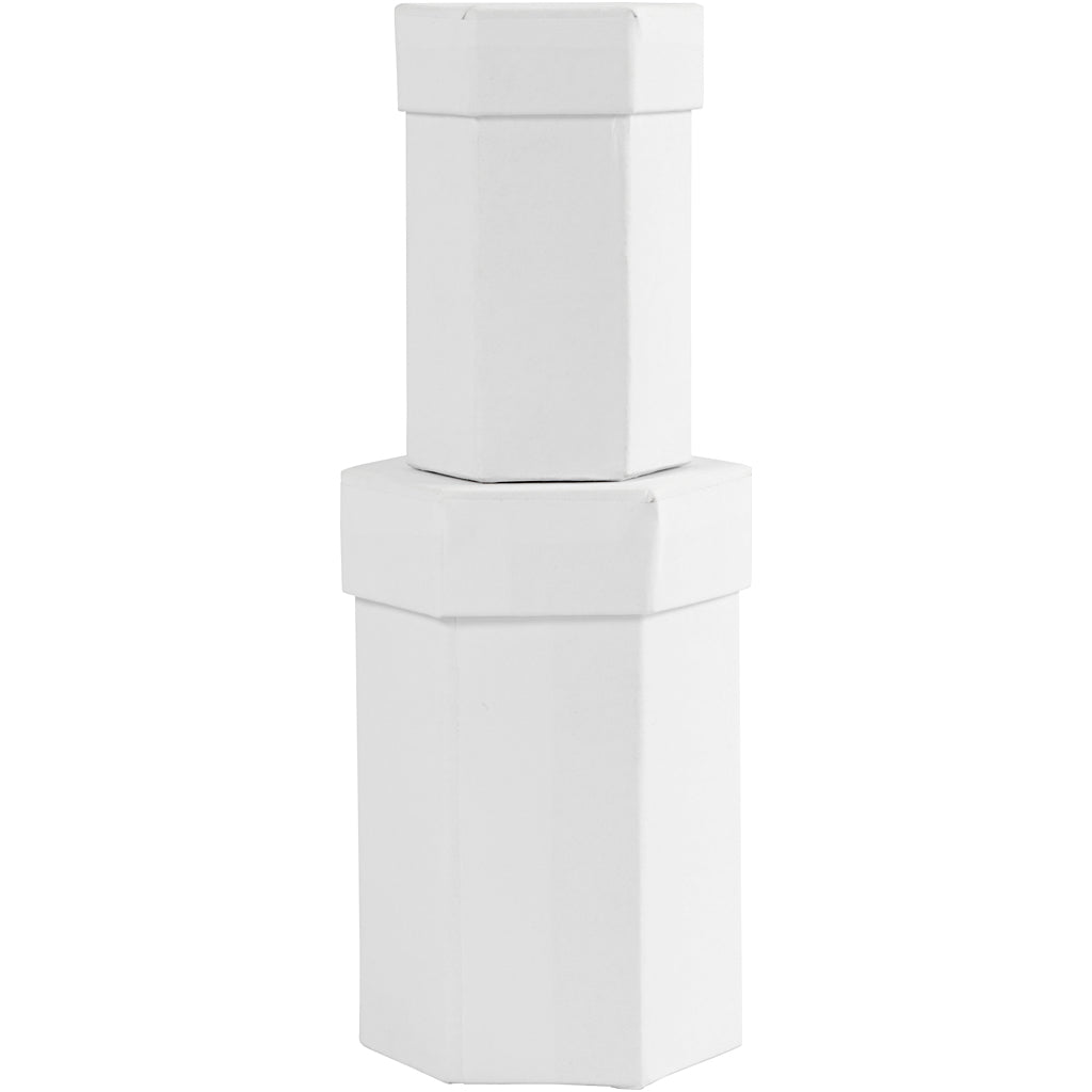Hexagonal boxes, H: 7+9 cm, size 4,5+6 cm, white, 2 pc/ 1 set