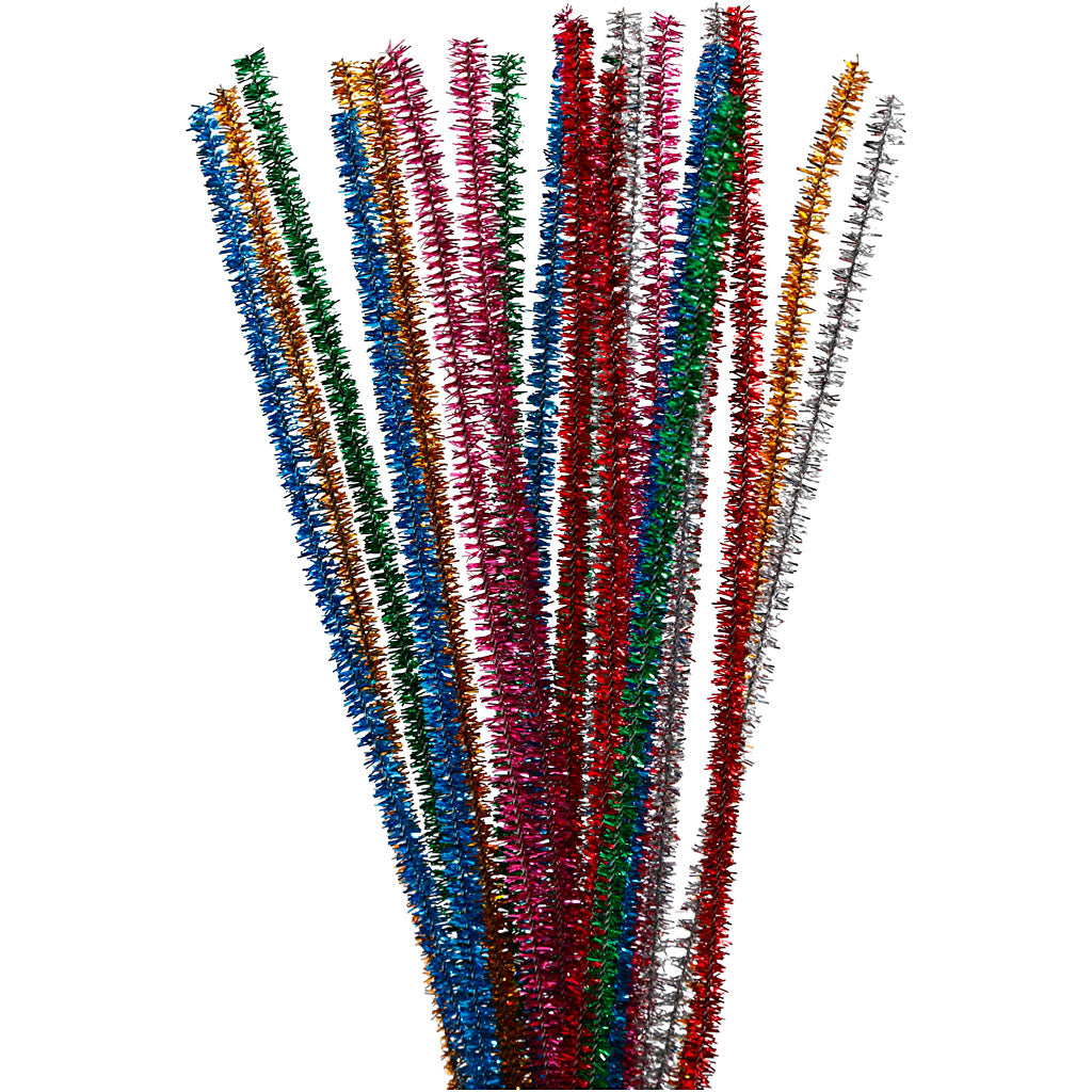 Chenille, L: 30 cm, thickness 6 mm, glitter, bold colours, 24 asstd.