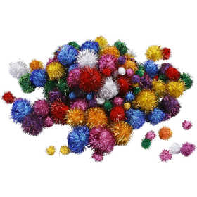Pom-pom glitter, diam 15-40 mm, glitter, ca. 75 pz, colori forti, 62 g/ 1 conf. [HOB-518920]