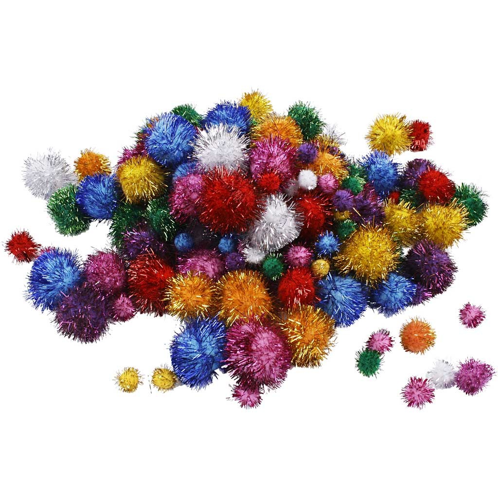 Pom-pom glitter, diam 15-40 mm, glitter, ca. 400 pz, colori forti, 400 g/ 1 conf. [HOB-51892]
