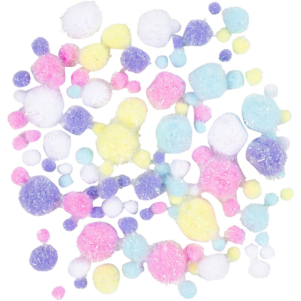 Pom pom, diam 15-40 mm, glitter, ca. 75 pz, colori pastello, 62 g/ 1 conf. [HOB-518950]