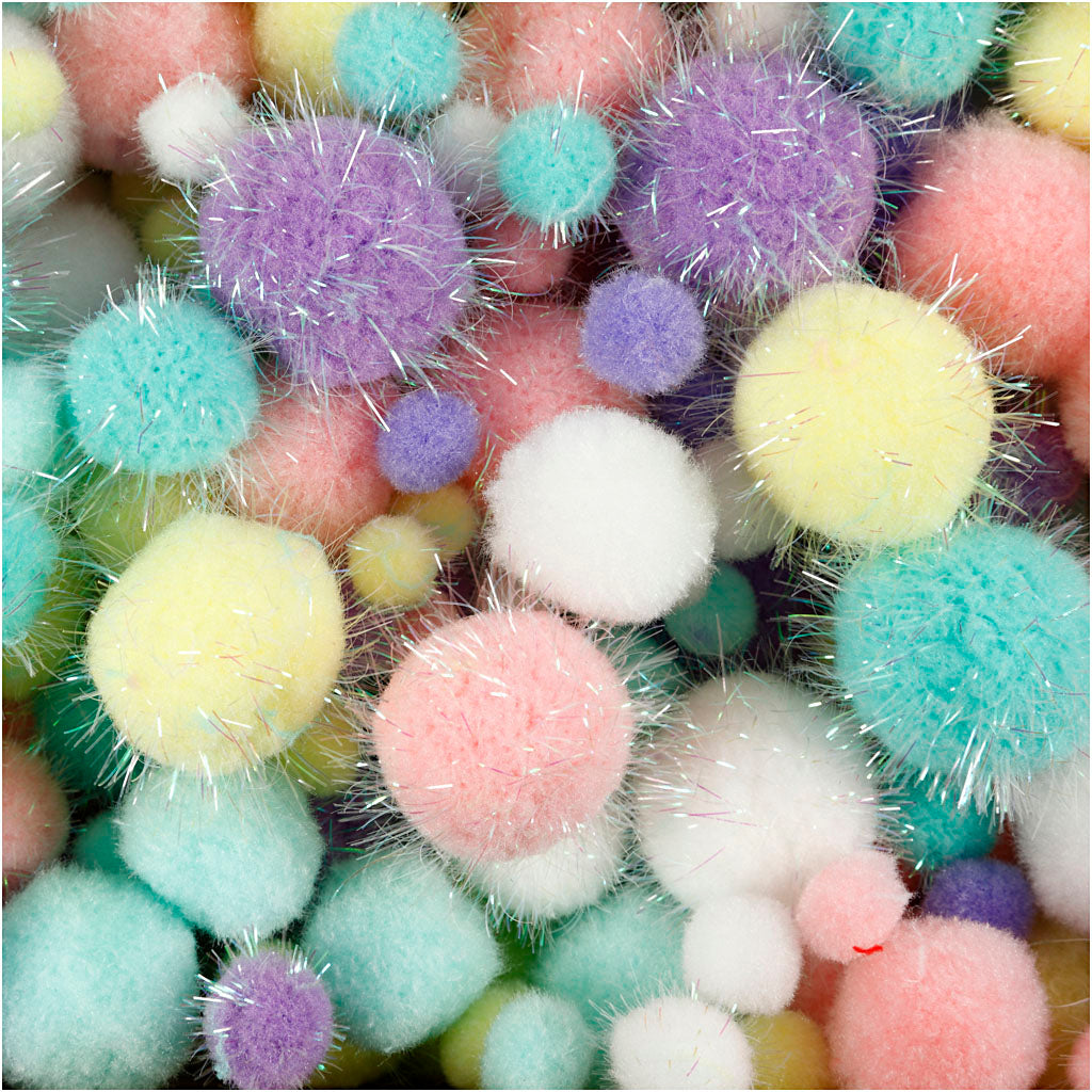 Pom pom, diam 15-40 mm, glitter, ca. 400 pz, colori pastello, 400 g/ 1 conf. [HOB-51895]
