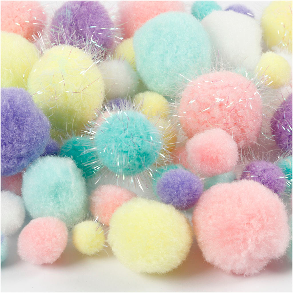 Pom pom, diam 15-40 mm, glitter, ca. 400 pz, colori pastello, 400 g/ 1 conf. [HOB-51895]