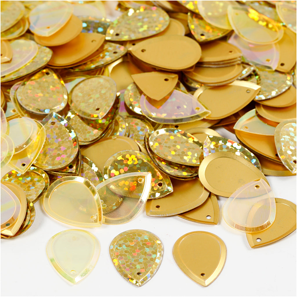 Sequins, raindrop, size 14x19 mm, gold, 50 g