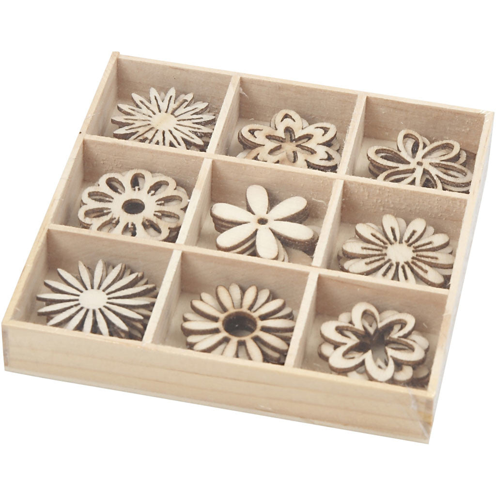 Decorazioni in legno, fiori, misura 28 mm, 45 pz/ 1 conf. [HOB-52376]