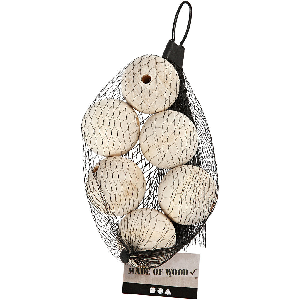 Perlina di legno, diam 40 mm, misura buco 7 mm, 6 pz/ 1 conf. [HOB-56676]