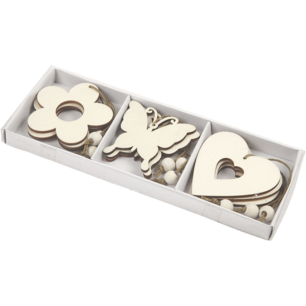 Decorazione in legno, fiore, farfalla, cuore, misura 6 cm, 9 pz/ 1 conf. [HOB-56731]