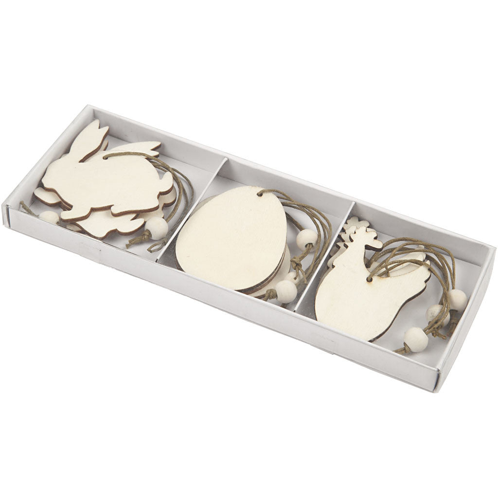 Decorazione in legno, coniglio, uovo, gallina, misura 6 cm, spess. 3 mm, 9 pz/ 1 conf. [HOB-56732]