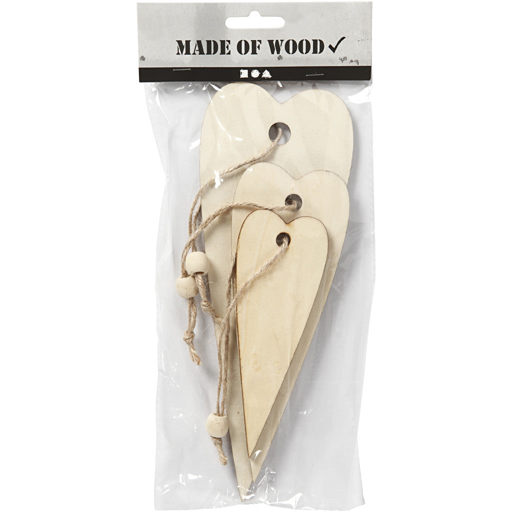Decorazioni in legno, cuore lungo, H: 12+16+20 cm, spess. 5 mm, 3 pz/ 1 conf. [HOB-56735]