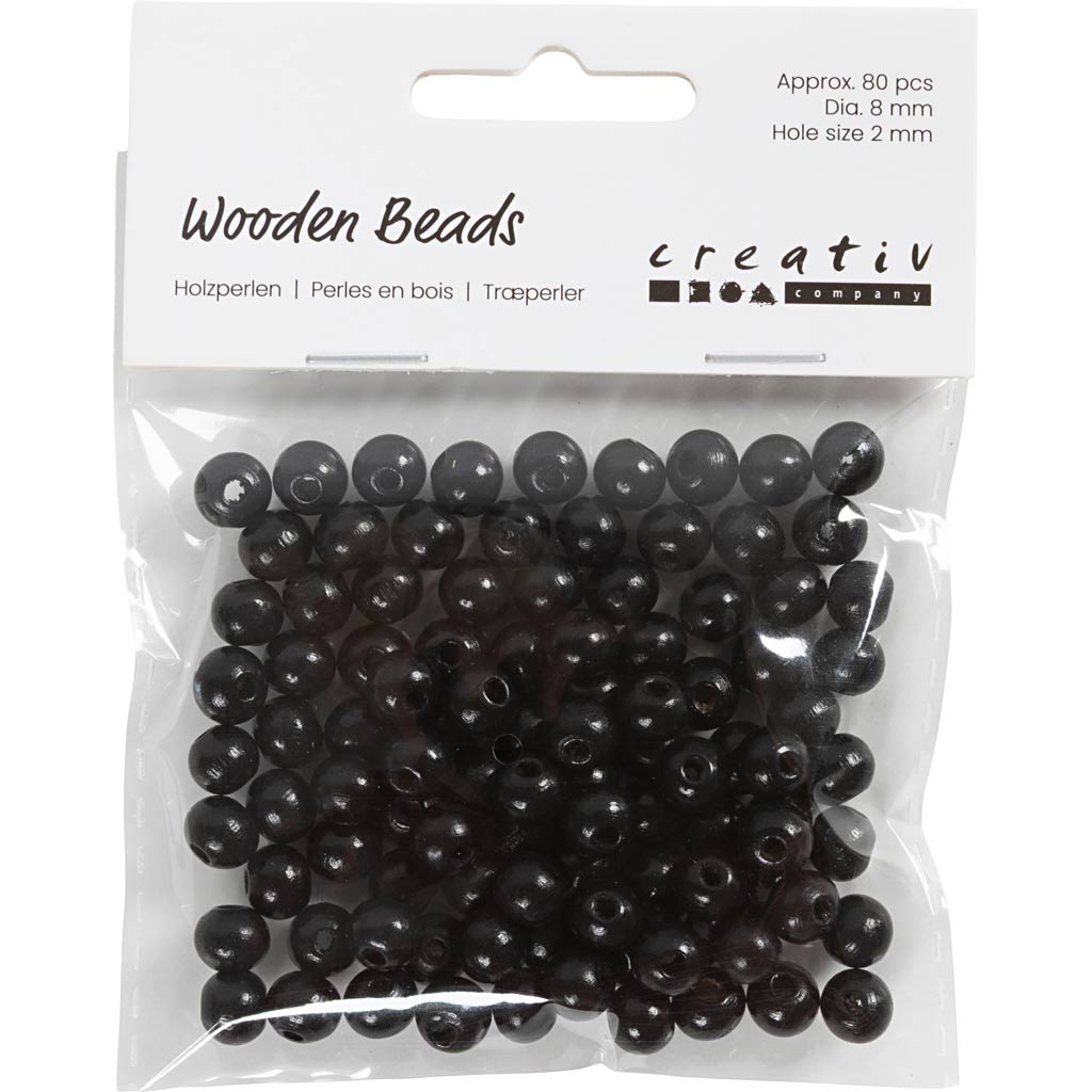 Wooden Beads, dia. 8 mm, hole size 2 mm, ca. 80 pc, black, 15 g