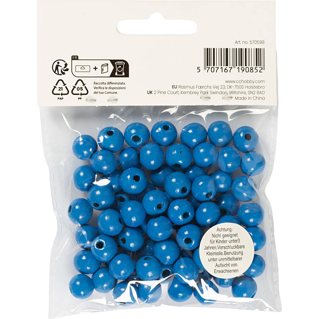 Wooden Beads, dia. 10 mm, hole size 3 mm, ca. 70 pc, blue, 20 g