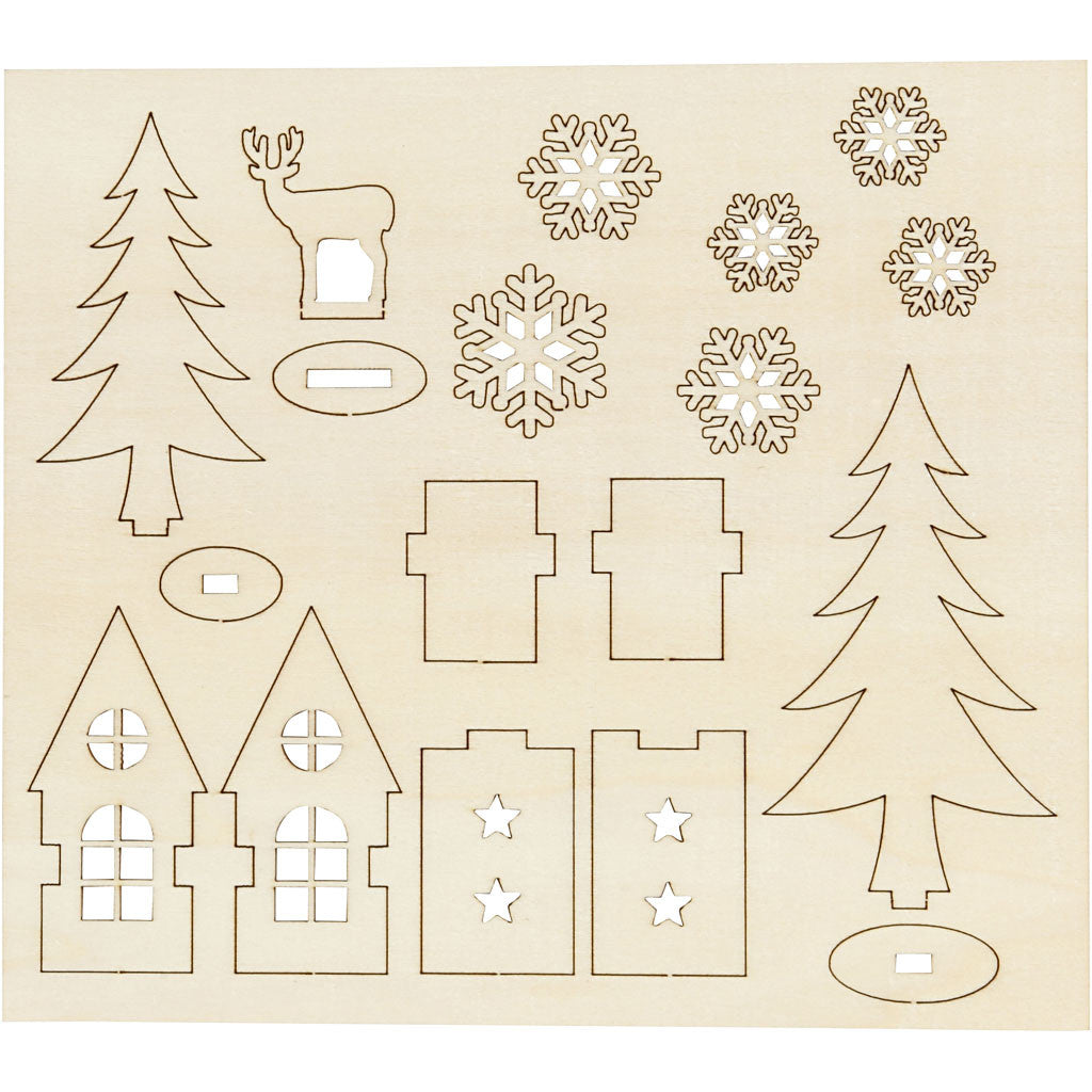 Sagome autoassemblanti, casa, albero, capriolo, L: 15,5 cm, L: 17 cm, spess. 3 mm, 1 conf. [HOB-57888]