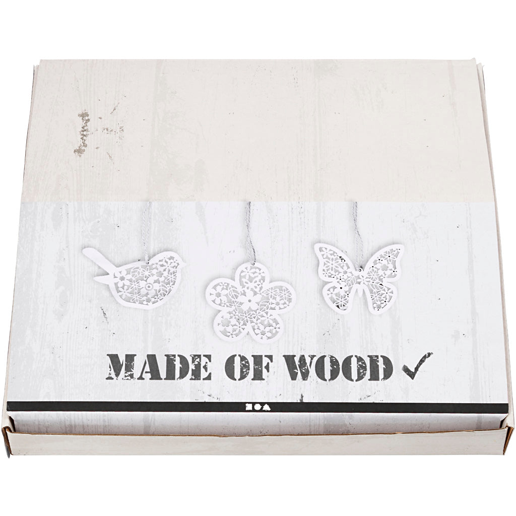 Ornamento in legno, farfalla, fiore e uccellino, H: 10 cm, L: 10 cm, 90 pz/ 1 conf. [HOB-57971]