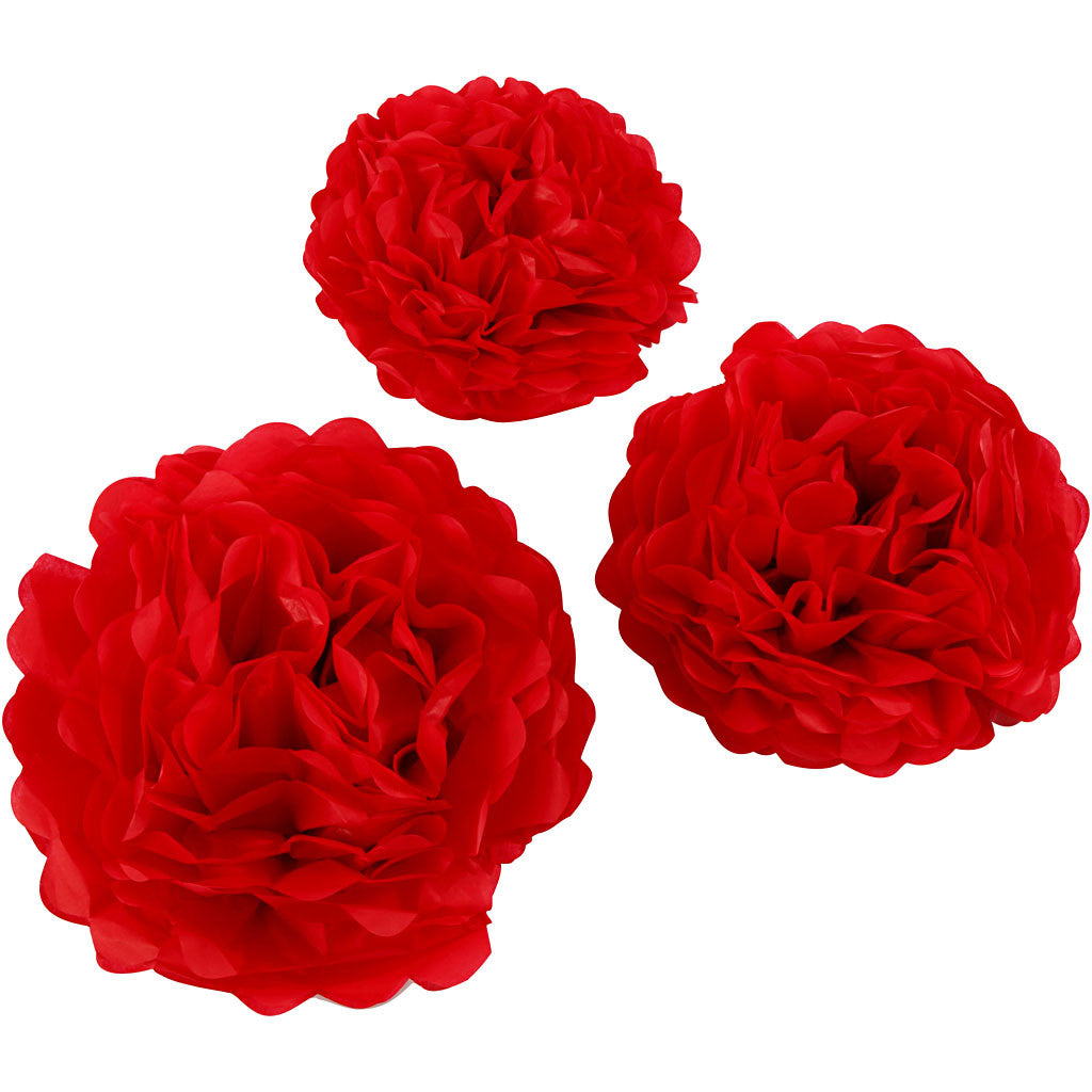 Pom-poms in carta velina, diam 20+24+30 cm, 16 g, rosso, 3 pz/ 1 conf. [HOB-590003]