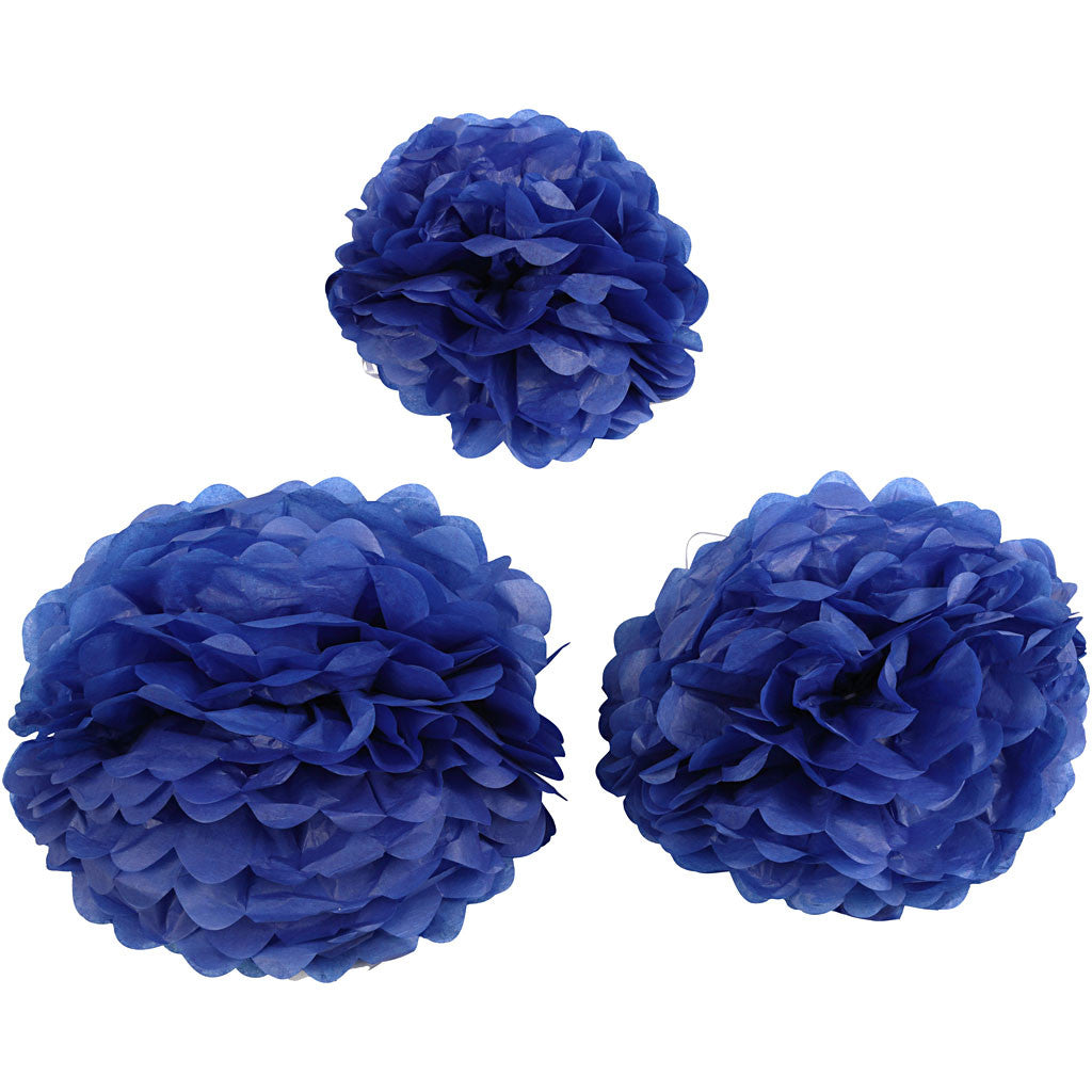 Pom-poms in carta velina, diam 20+24+30 cm, 16 g, blu scuro, 3 pz/ 1 conf. [HOB-590004]