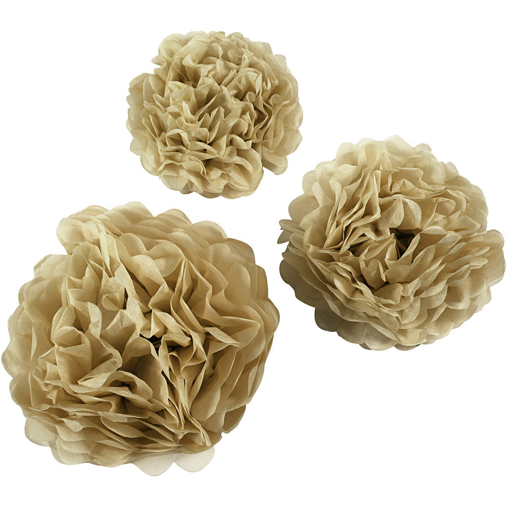 Pom-poms in carta velina, diam 20+24+30 cm, 16 g, oro, 3 pz/ 1 conf. [HOB-590029]