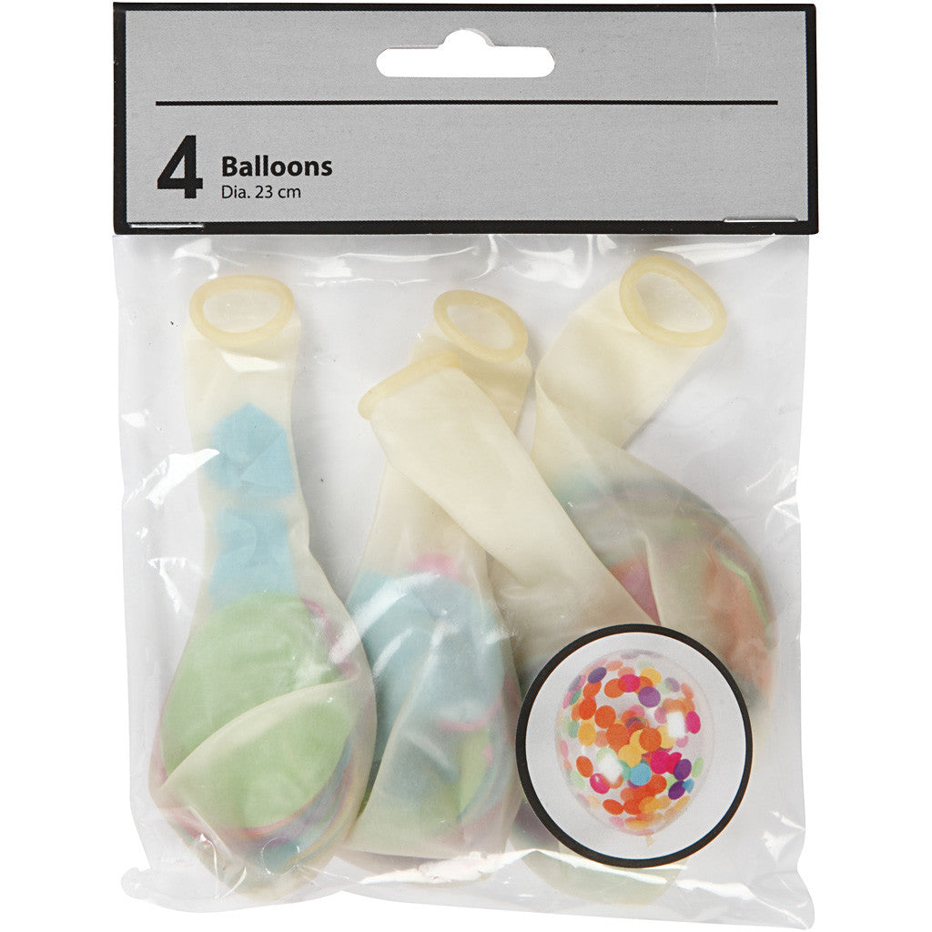 Palloncini con confetti, rotondi, diam 23 cm, transparent, 4 pz/ 1 conf. [HOB-59174]