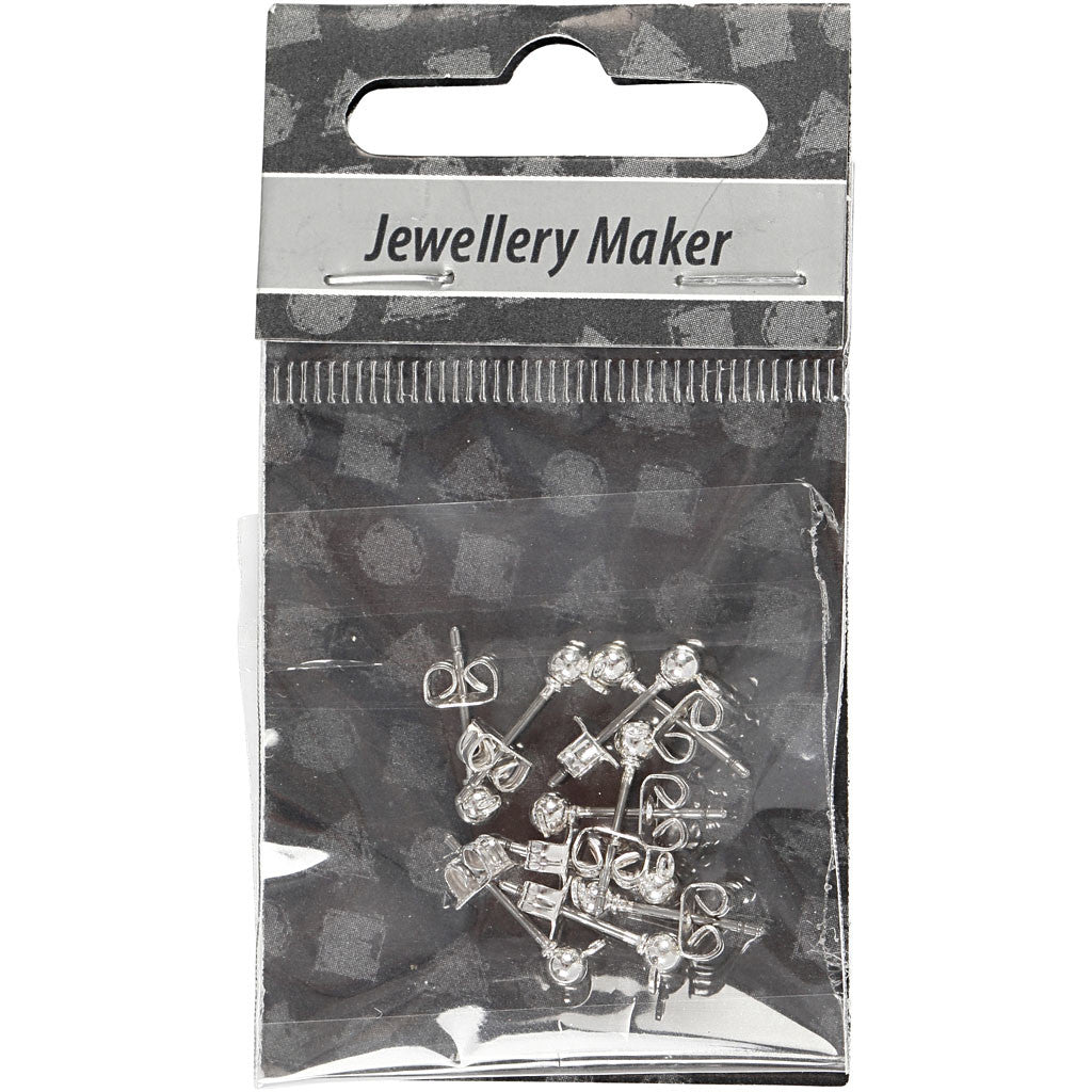 Orecchini a bottone, L: 13 mm, diam 3,8 mm, misura buco 0,8 mm, placcato argento, 10 pz/ 1 conf. [HOB-603100]