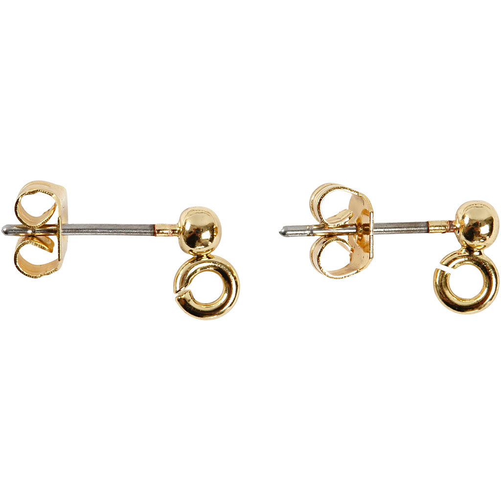 Stud Earrings, L: 13 mm, dia. 3,8 mm, hole size 0,8 mm, gold-plated, 10 pc