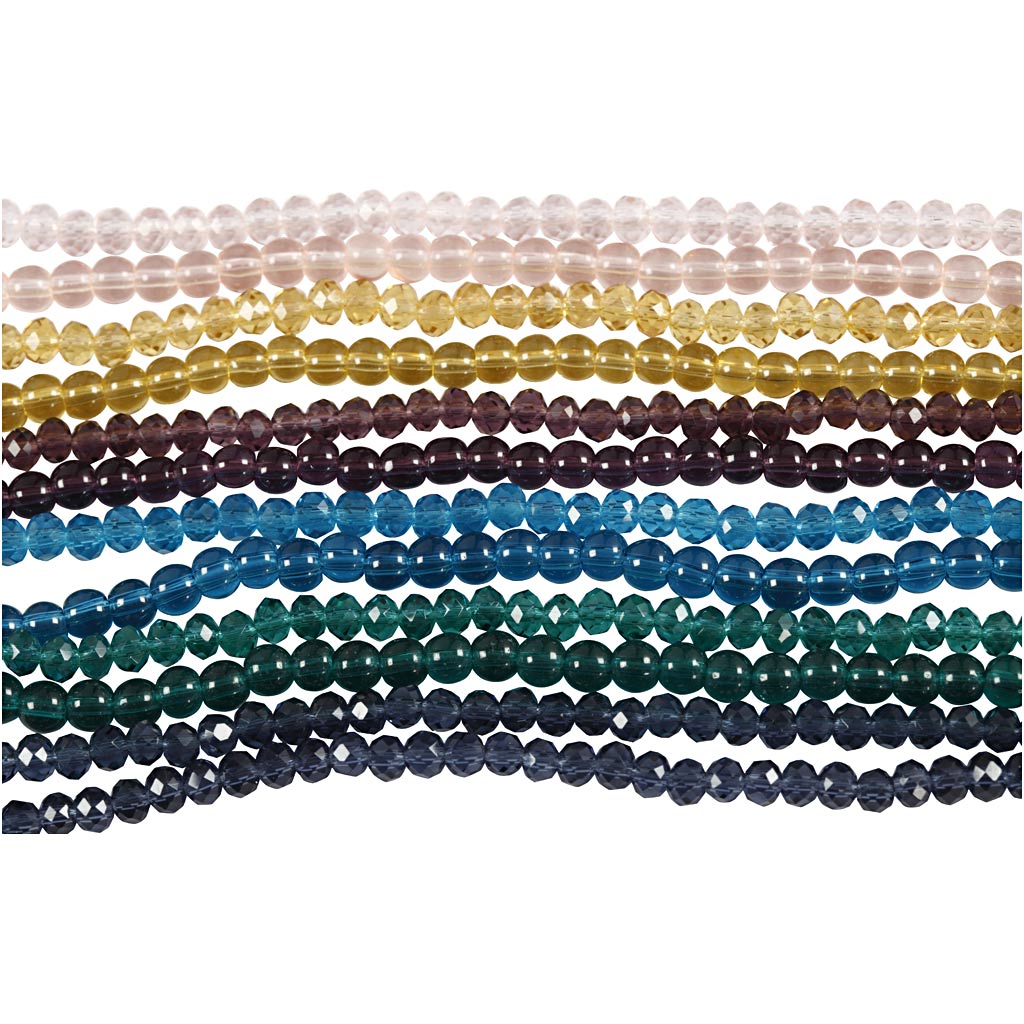 Perle di vetro e sfaccettate, diam 4 mm, misura buco 1 mm, 12x45pz/ 1 conf. [HOB-60995]