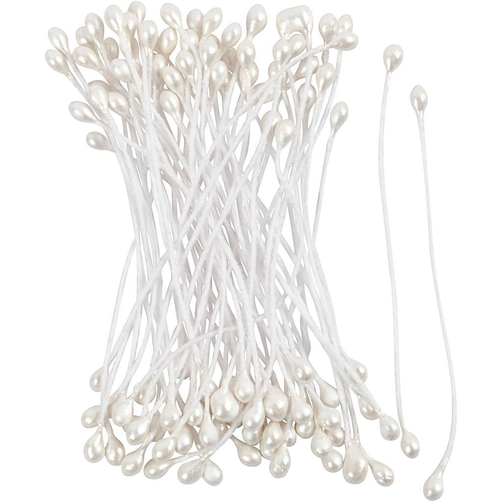 Flower Stamens, L: 6,4 cm, dia. 2 mm, white - mother-of-pearl, 100 pc
