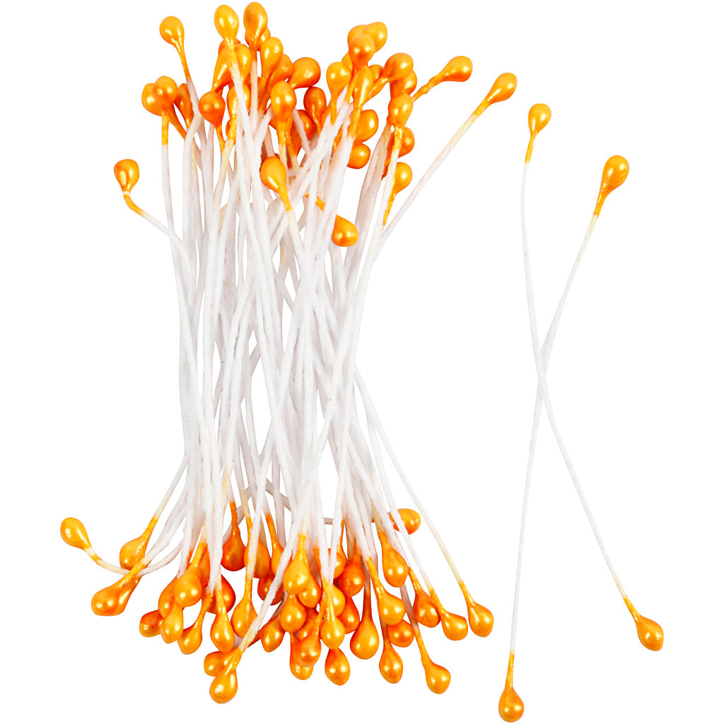 Flower Stamens, L: 6,4 cm, dia. 2 mm, metallic orange, 100 pc