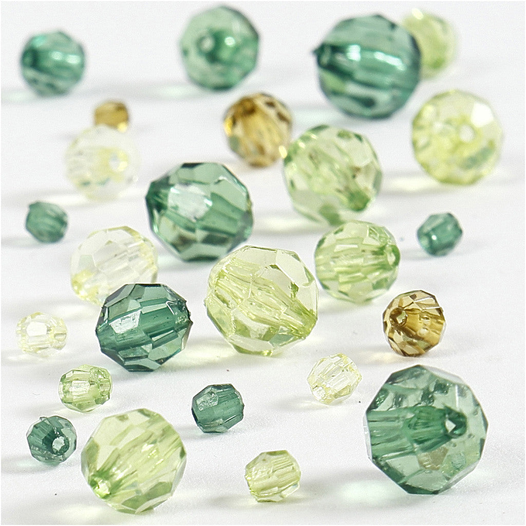 Perline sfaccettate, misura 4-12 mm, misura buco 1-2,5 mm, ca. 860 pz, verde glitter, 250 g/ 1 conf. [HOB-61881]