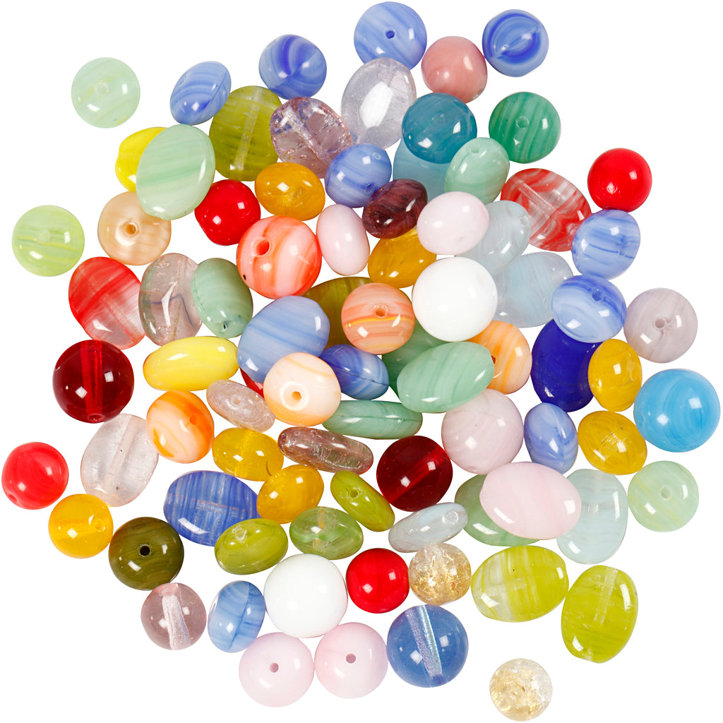 Perle di vetro, tondo, ovale, circolare, diam 6-13 mm, misura buco 0,5-1,5 mm, colori asst., 60 g/ 1 conf. [HOB-684250]