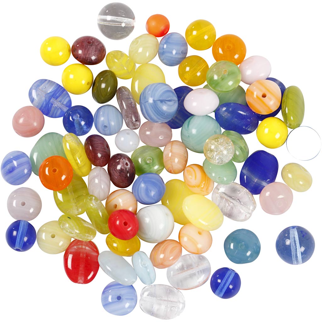 Perle di vetro, tondo, ovale, circolare, diam 6-13 mm, misura buco 0,5-1,5 mm, colori asst., 350 g/ 1 conf. [HOB-68425]