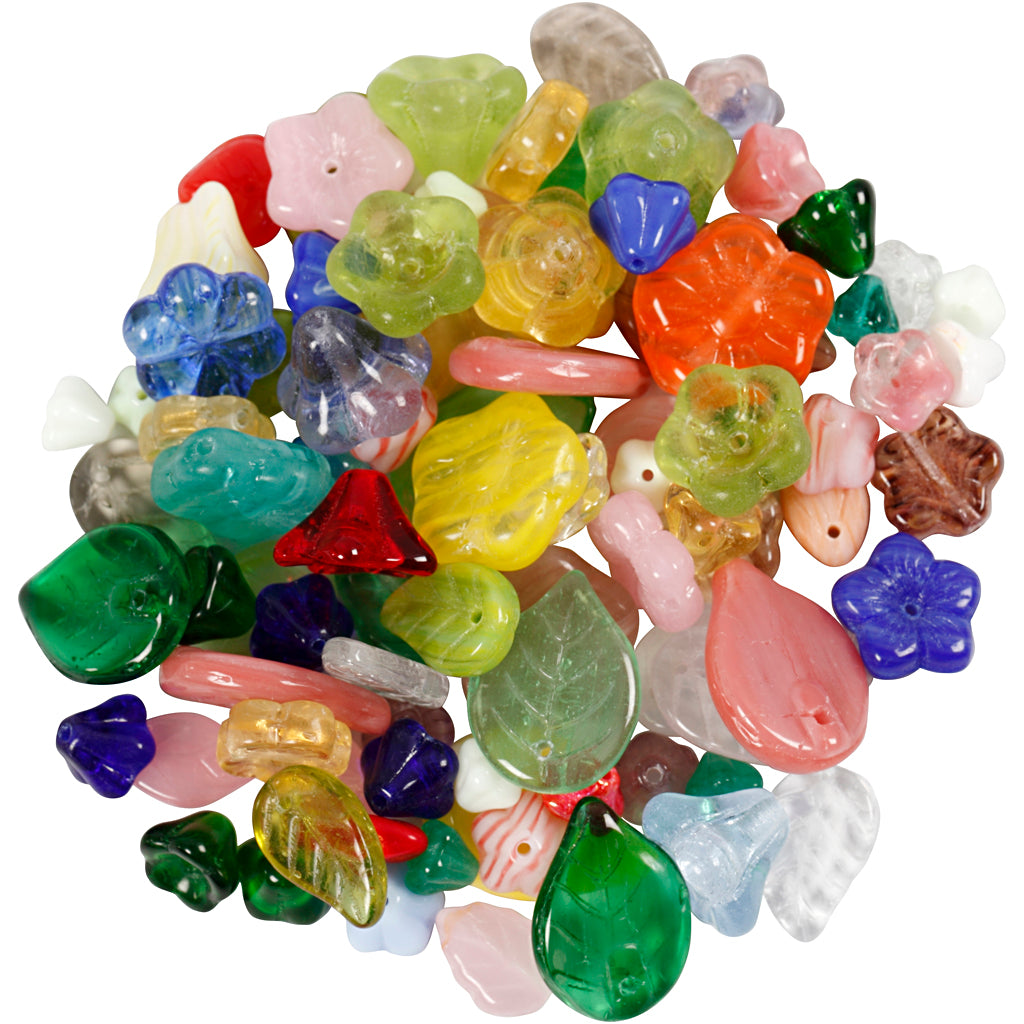 Perle di vetro, foglie, fiori, diam 6-17 mm, misura buco 0,5-1,5 mm, colori asst., 60 g/ 1 conf. [HOB-684260]