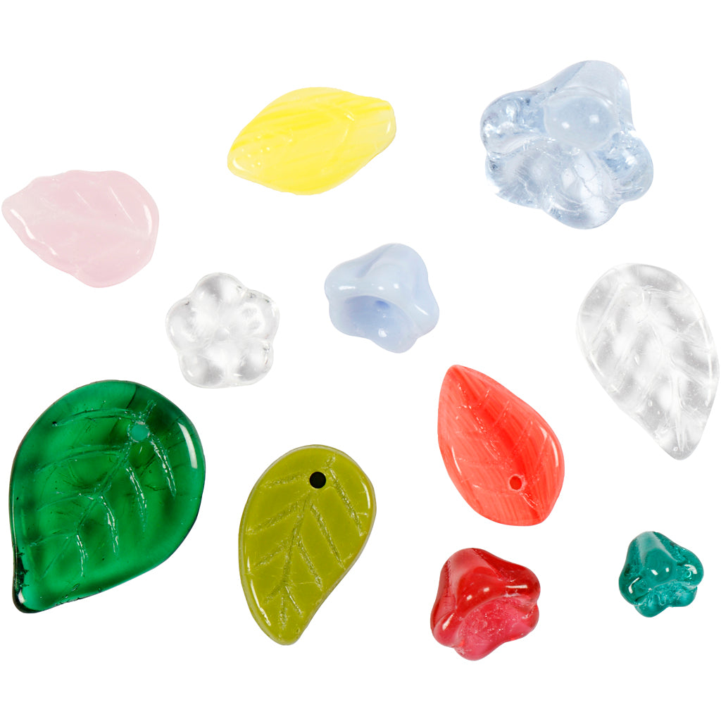 Perle di vetro, foglie, fiori, diam 6-17 mm, misura buco 0,5-1,5 mm, colori asst., 60 g/ 1 conf. [HOB-684260]