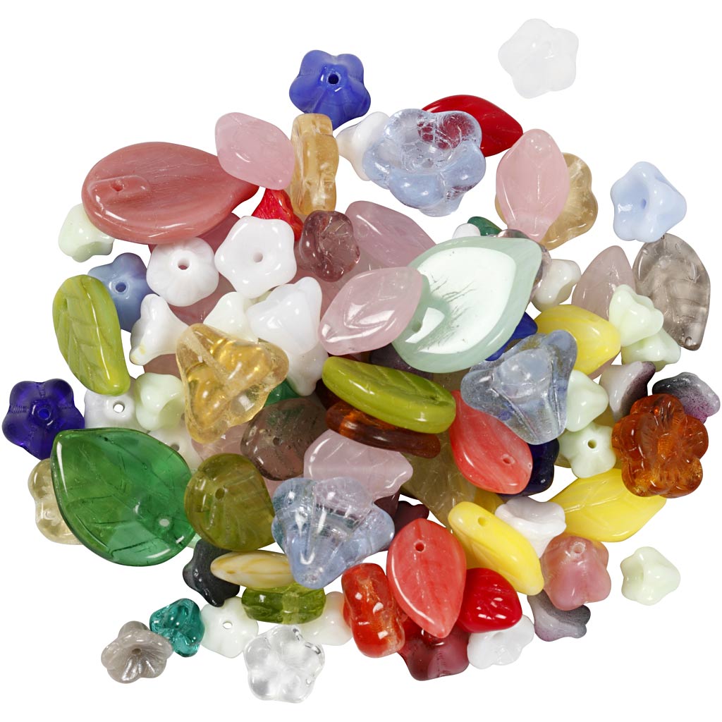 Perle di vetro, foglie, fiori, diam 6-17 mm, misura buco 0,5-1,5 mm, colori asst., 350 g/ 1 conf. [HOB-68426]