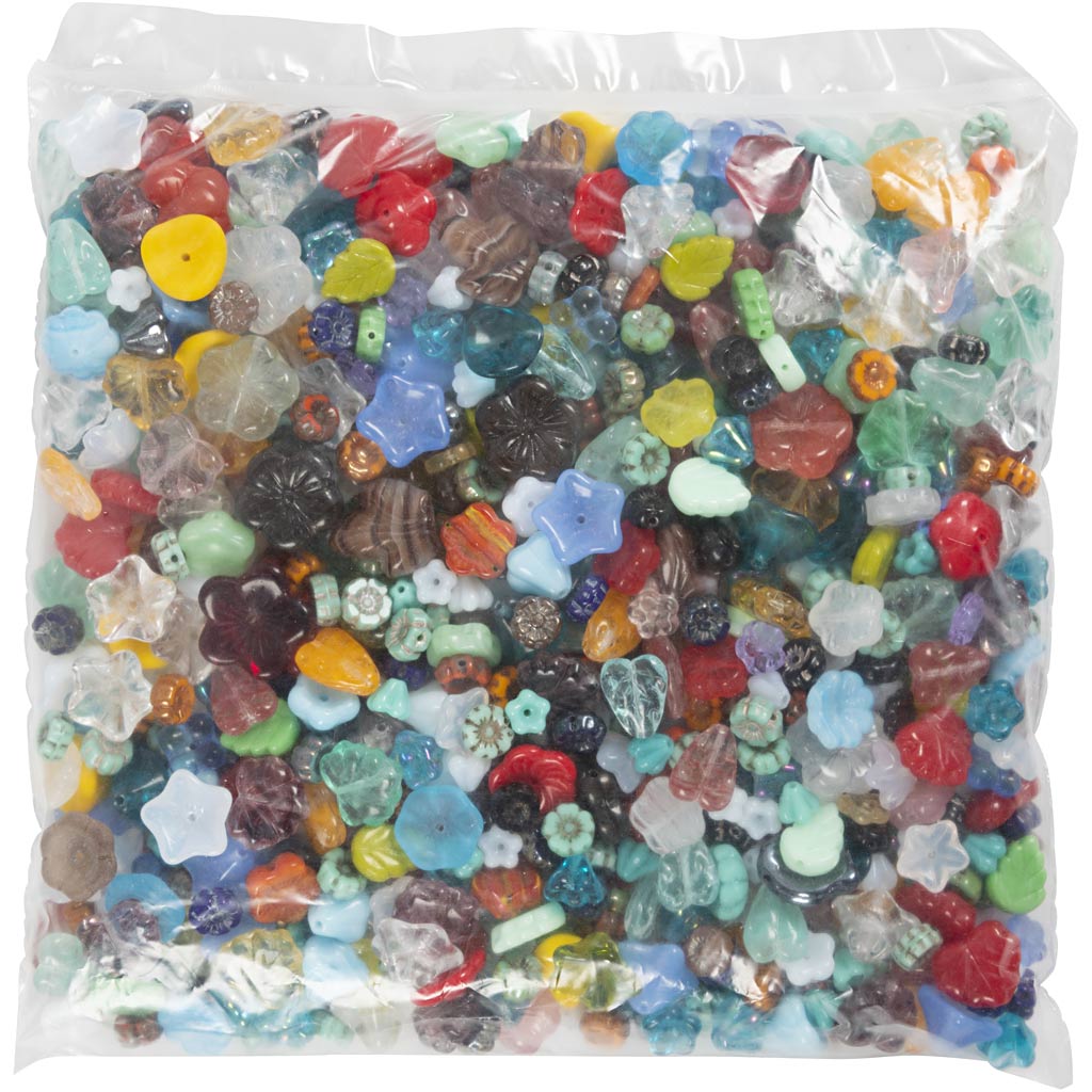 Perle di vetro, foglie, fiori, diam 6-17 mm, misura buco 0,5-1,5 mm, colori asst., 350 g/ 1 conf. [HOB-68426]
