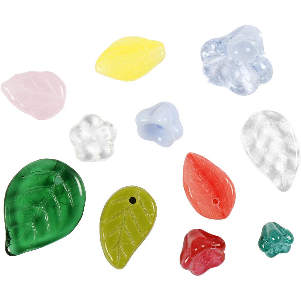 Perle di vetro, foglie, fiori, diam 6-17 mm, misura buco 0,5-1,5 mm, colori asst., 350 g/ 1 conf. [HOB-68426]
