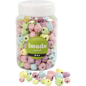 Perle di legno, diam 10-15 mm, misura buco 3-5 mm, azzurro, verde chiaro, rosso chiaro, giallo chiaro, 400 ml/ 1 secch. [HOB-684690]