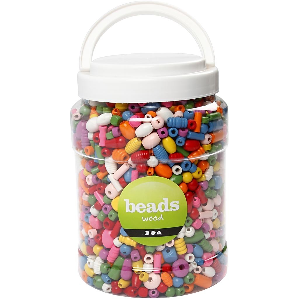 Perline di legno, misura 5-28 mm, misura buco 2,5-3 mm, ca. 1938 pz, colori asst., 850 g, 2 l/ 1 secch. [HOB-68476]