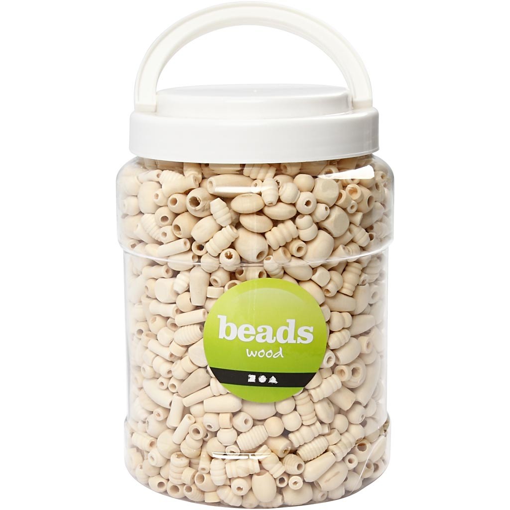 Perline di legno, misura 5-28 mm, misura buco 2,5-3 mm, ca. 1462 pz, 850 g, 2 l/ 1 secch. [HOB-68477]