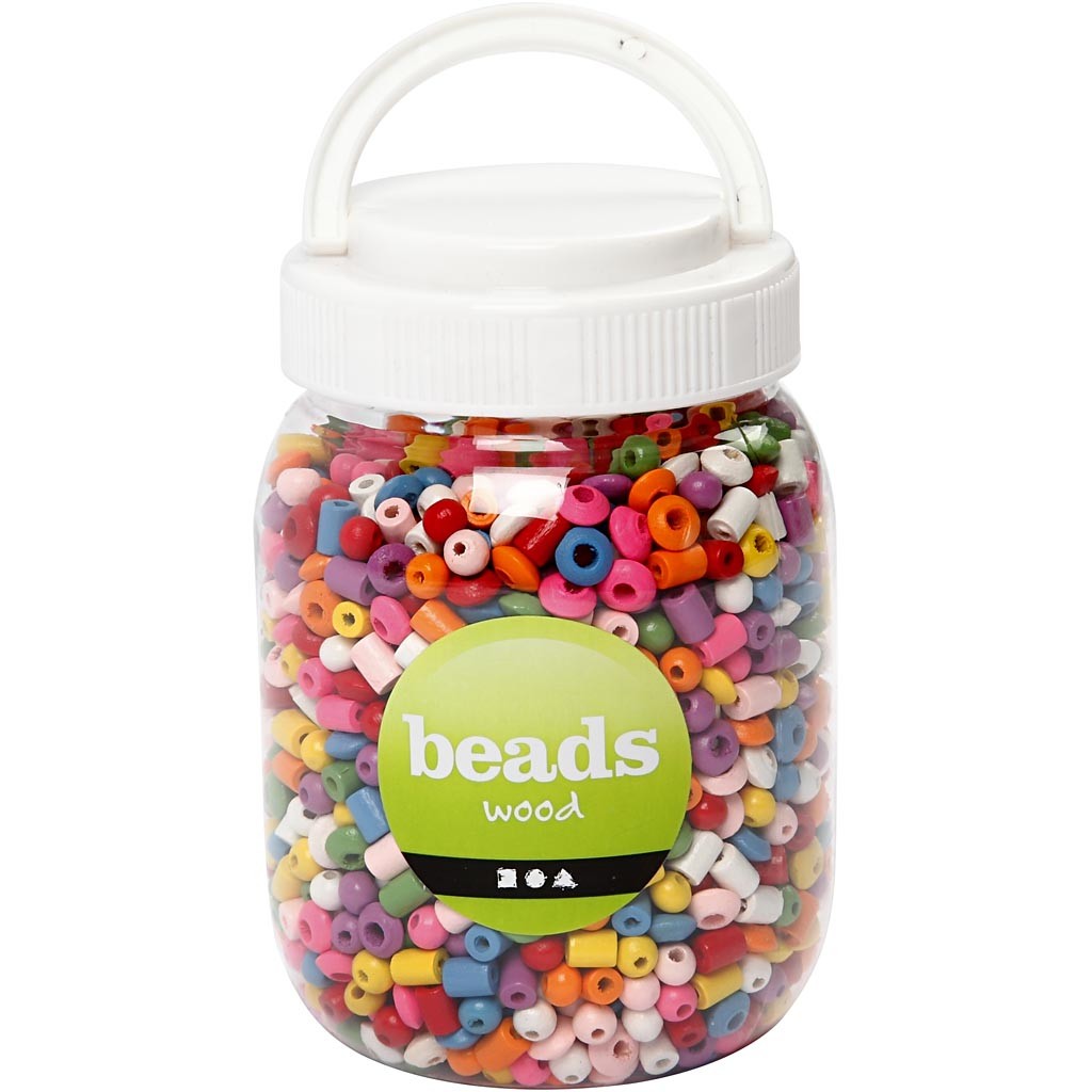 Perline di legno, diam 5-8 mm, misura buco 1,5 mm, ca. 2170 pz, colori asst., 175 g, 400 ml/ 1 secch. [HOB-68480]