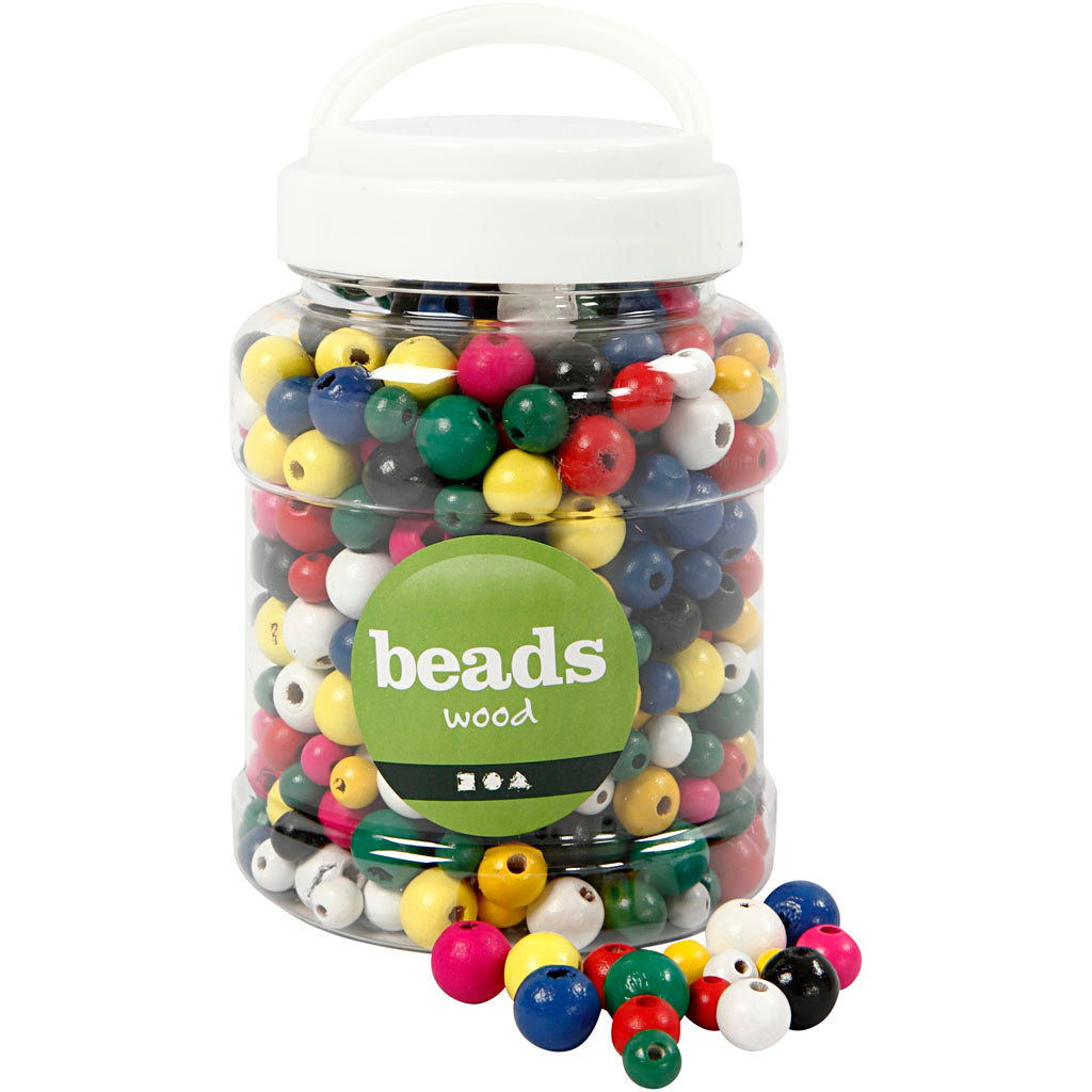 Wooden Beads, dia. 8+10+12 mm, hole size 2-2,5 mm, assorted colours, 400ml/ 1 bucket, 175 g